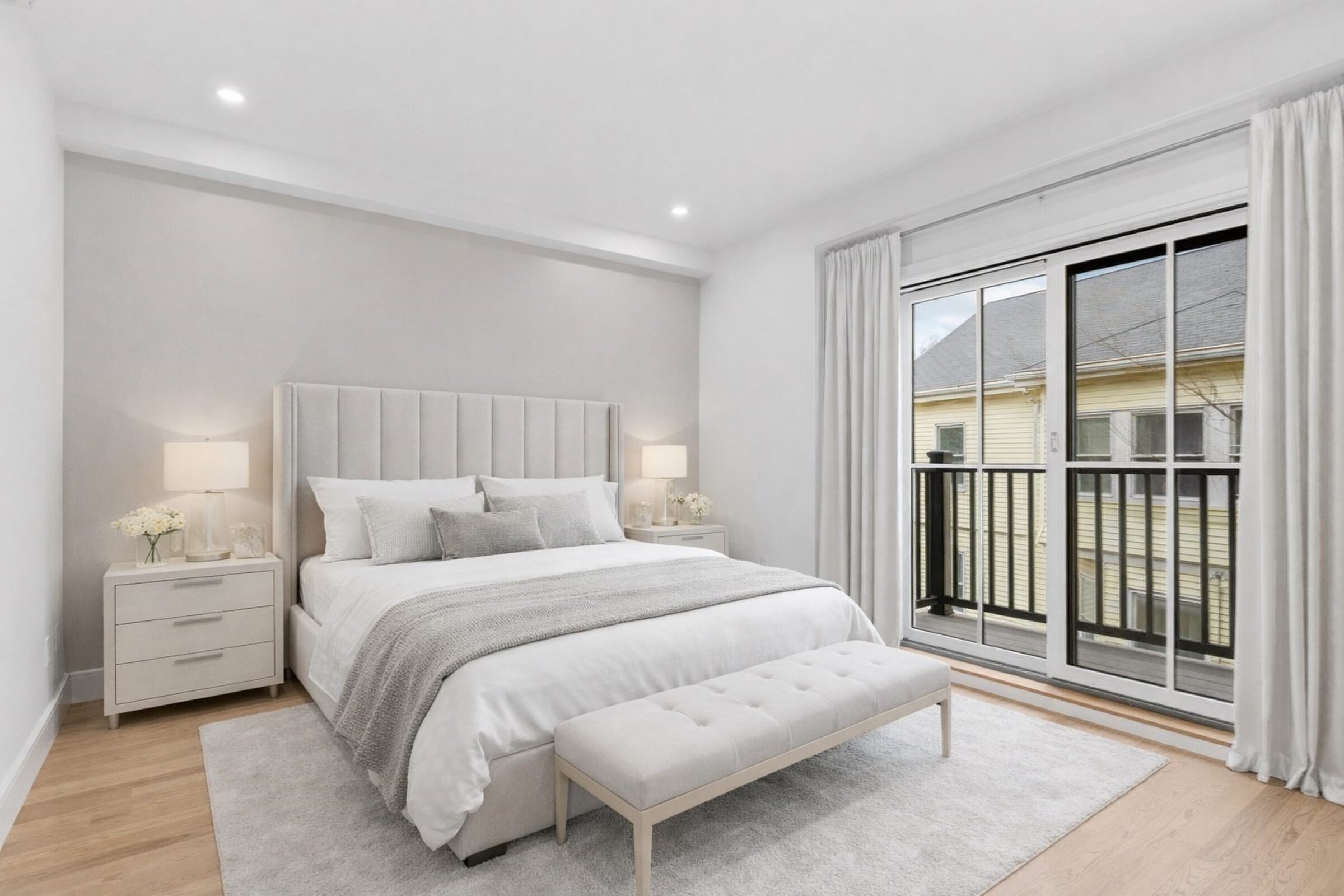 Primary bedroom with a tufted gray headboard, bench, and a sliding door to the balcony.